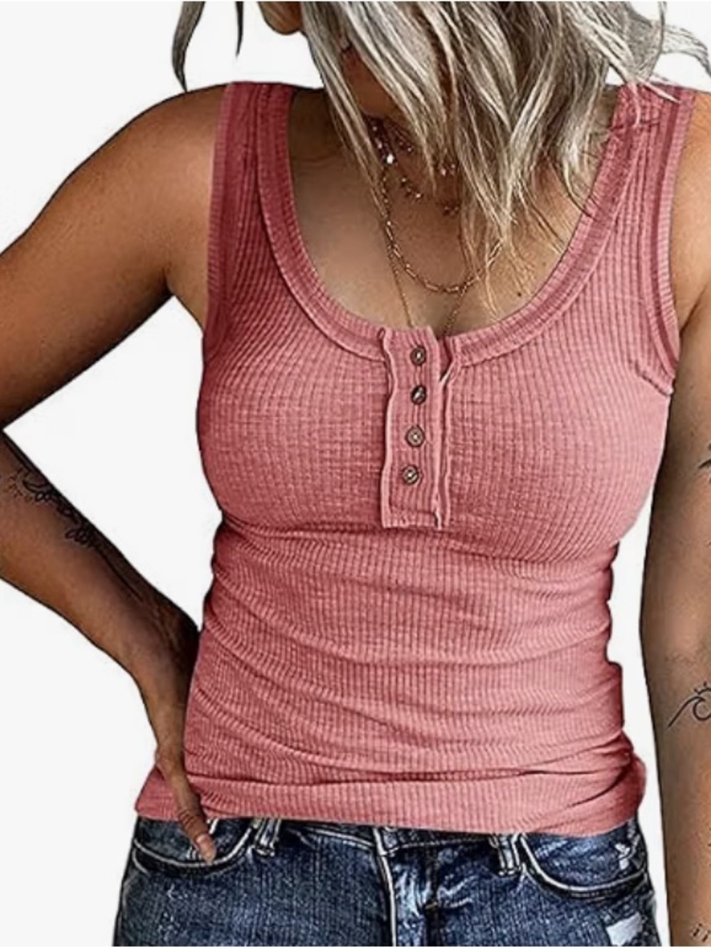 Ribbed Henley Tank Top - Dusty Rose